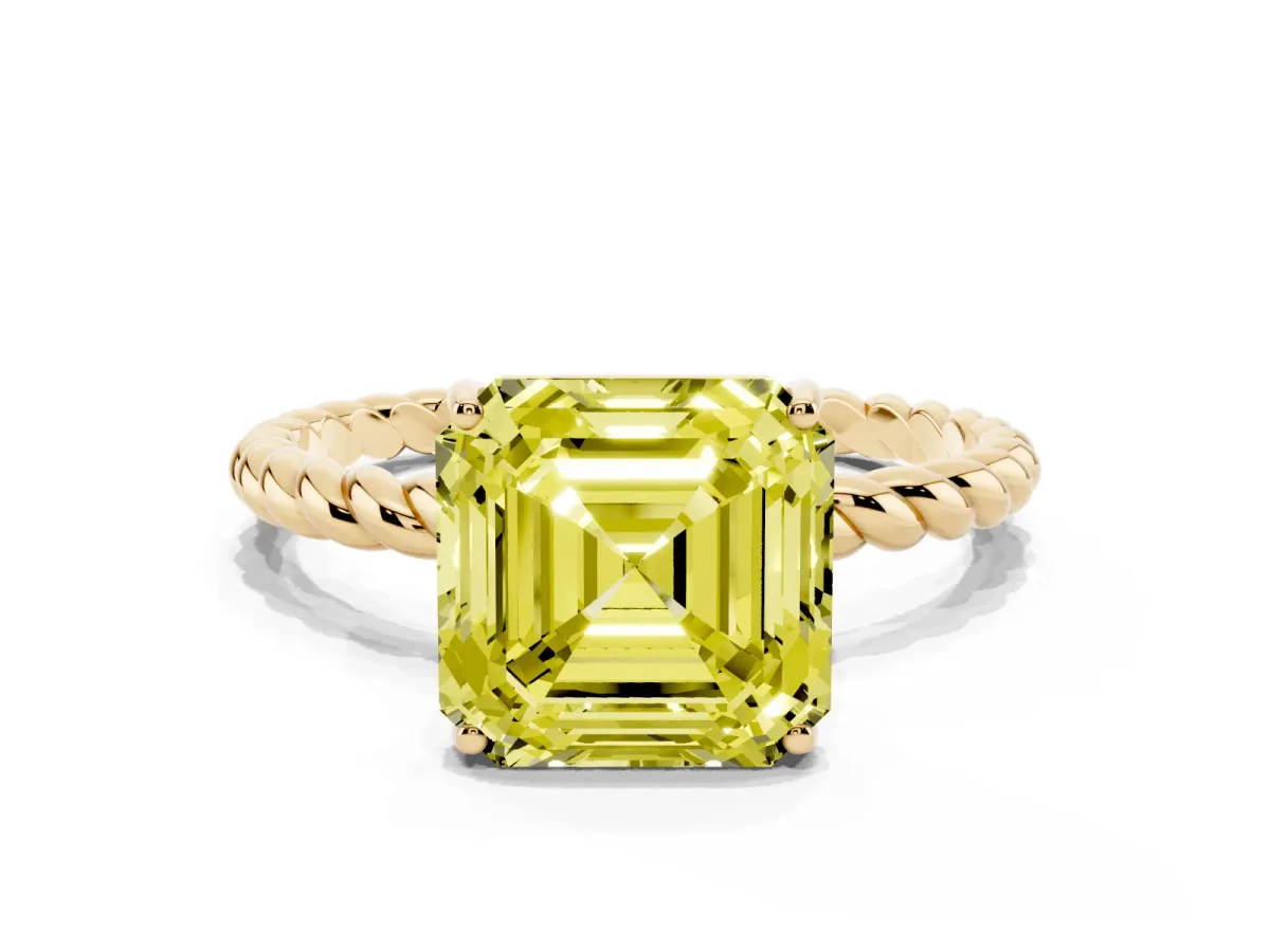 Fancy Yellow Asscher Cut Solitaire Twist Band Ring with Four-Prong Setting Yellow gold