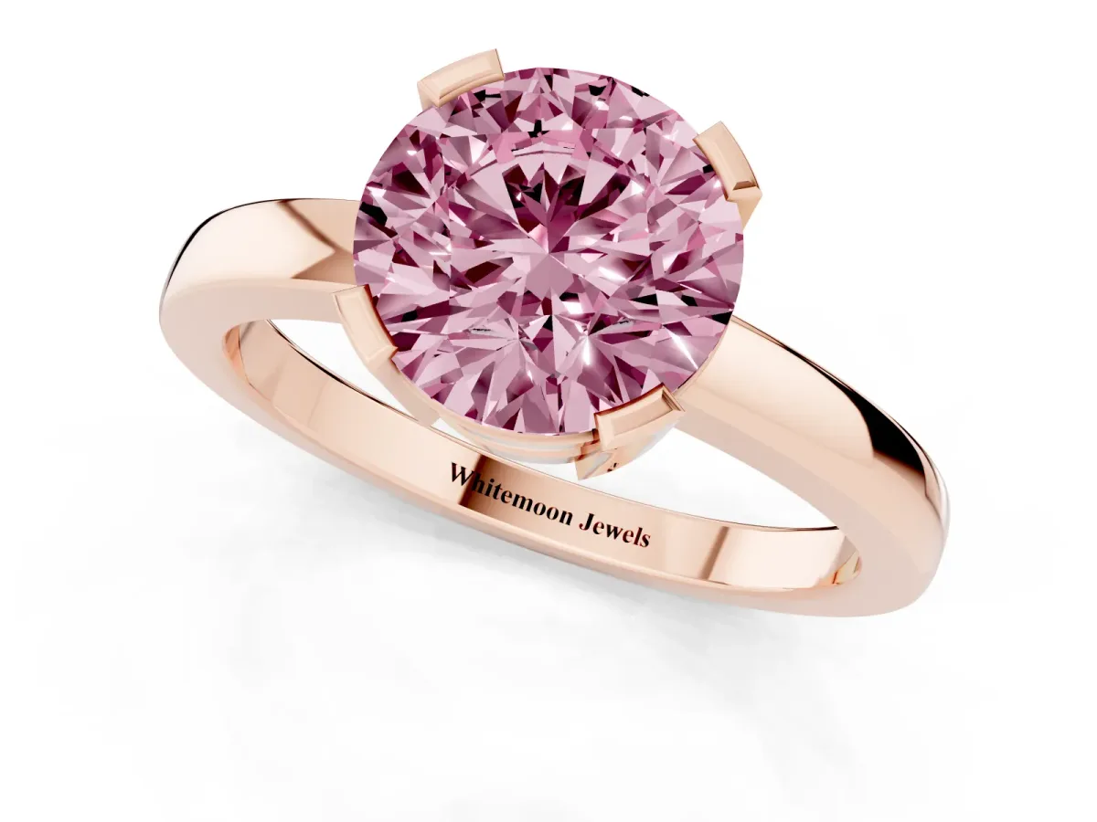 Fancy Pink Round Cut Cut Solitaire Ring with Four-Prong Setting and Classic Band Rose gold