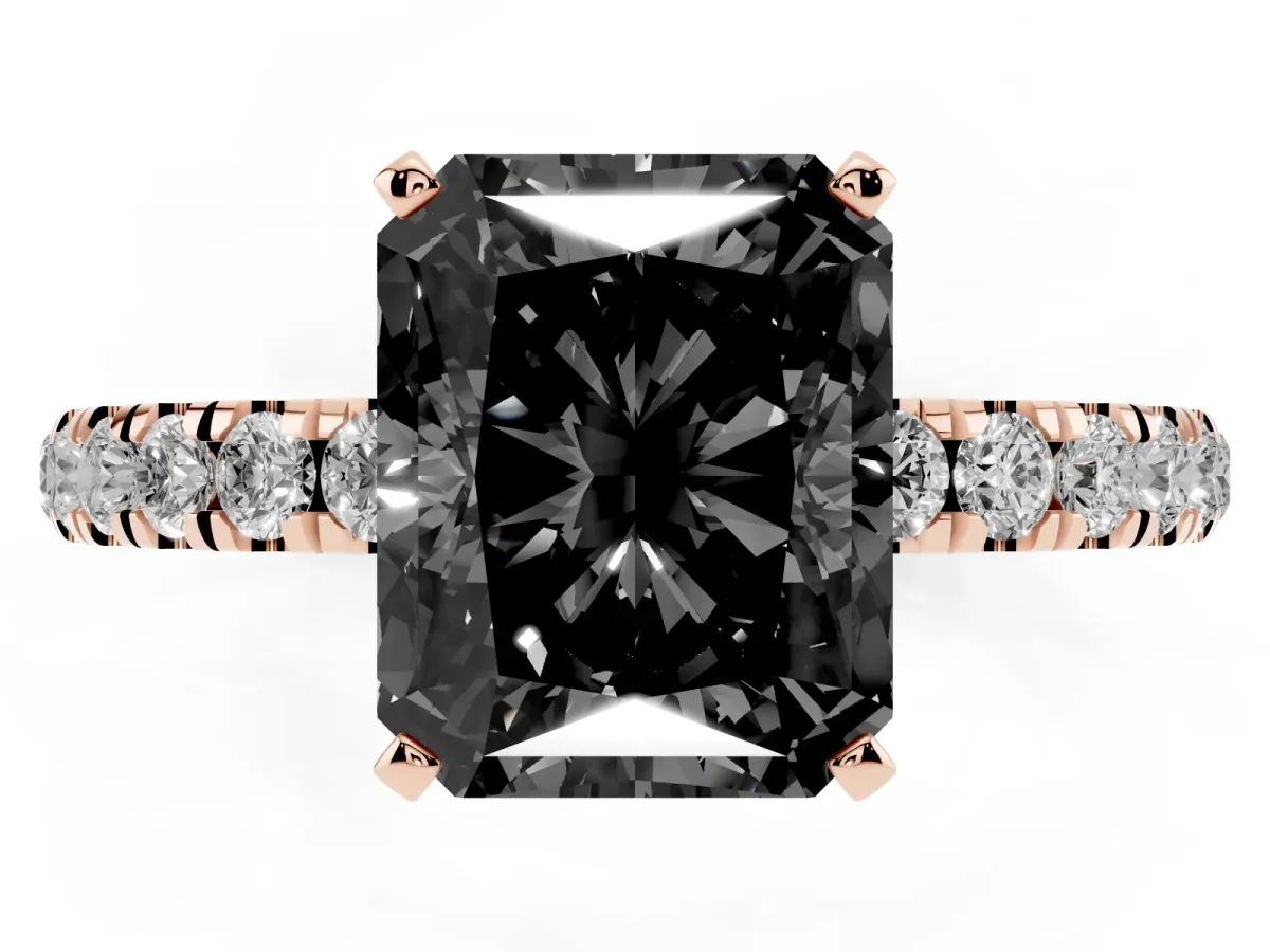 Fancy Black Radiant Cut Diamond Solitaire Ring with Pavé Accents and Four-Prong Setting Rose gold