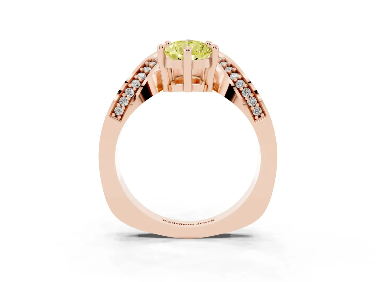 Fancy Yellow Pear Cut Solitaire Diamond Engagement Ring with Pave Band and Four-Prong Setting Rose gold