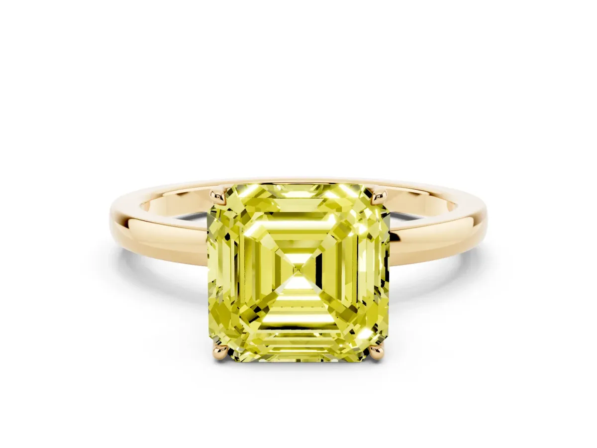 Fancy Yellow Asscher Cut Diamond Solitaire Ring with Thin Band and Prong Setting Yellow gold