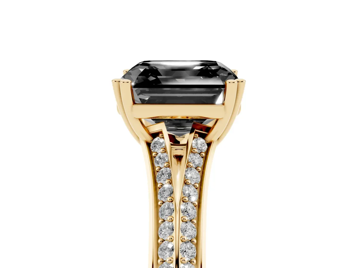 Fancy Black Asscher Cut Diamond Split Shank Engagement Ring with Pavé Band Yellow gold