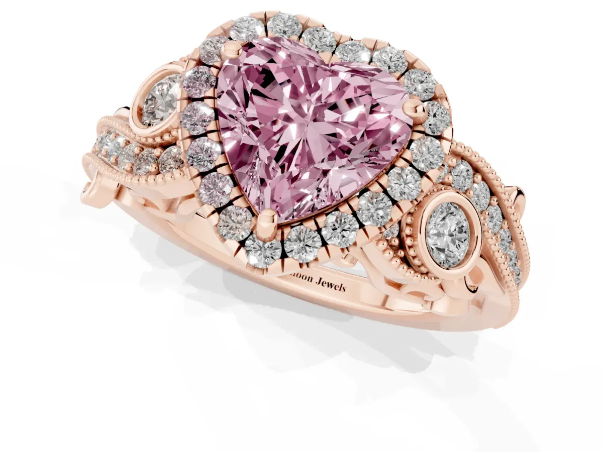 Fancy Pink Heart Cut Diamond Halo Ring with Milgrain Pavé Band and Four-Prong Setting Rose gold