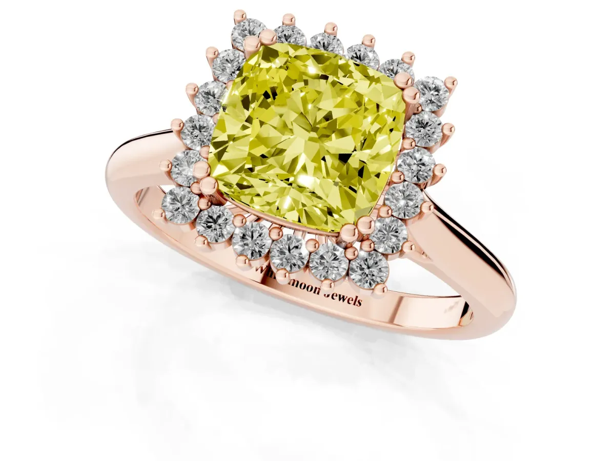 Fancy Yellow Cushion Cut Cut Diamond Halo Ring with Solitaire Band and Prong Setting Rose gold