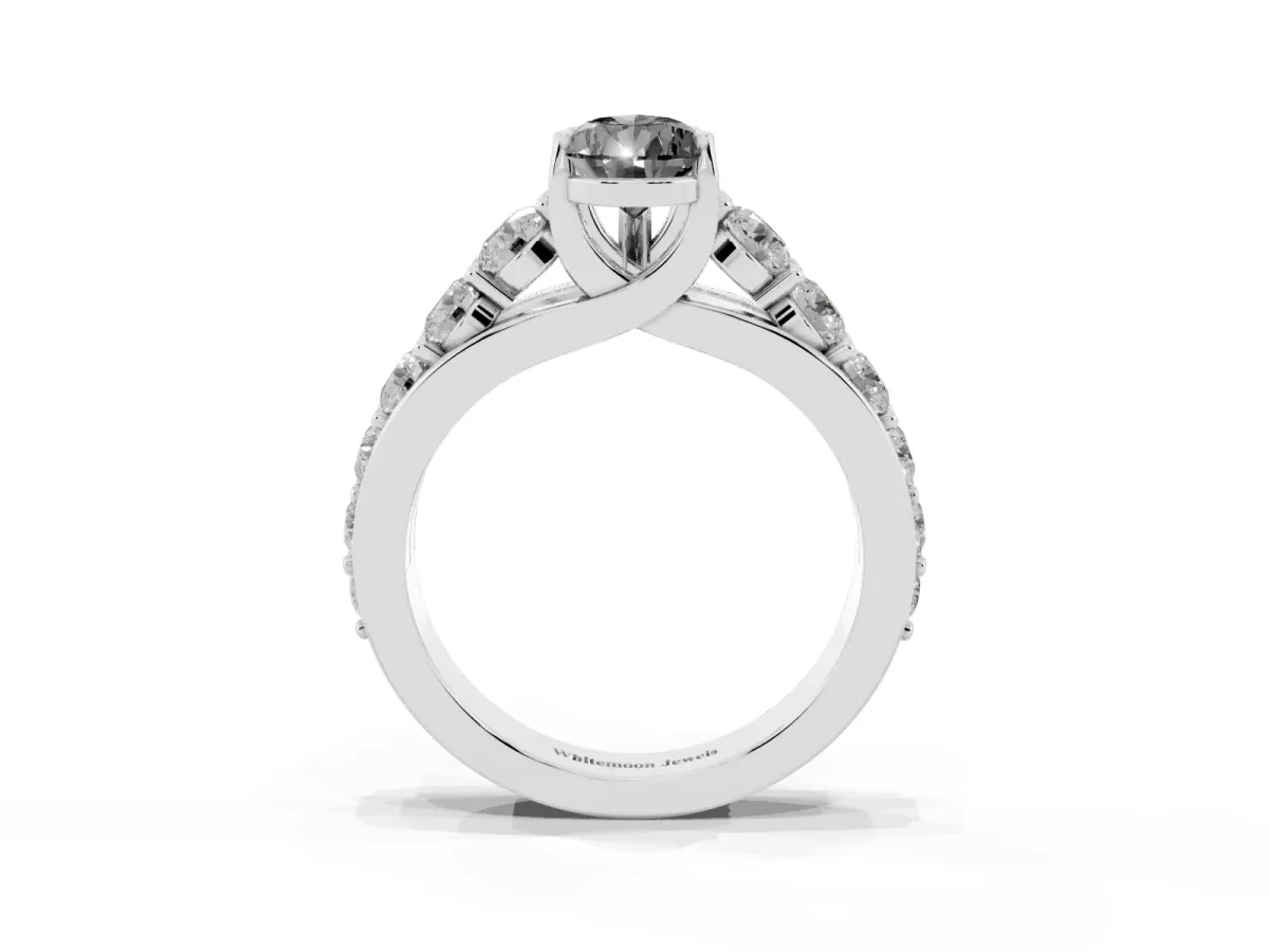 Fancy Black Pear Cut Diamond Engagement Ring with Pavé Band and Four-Prong Setting Silver