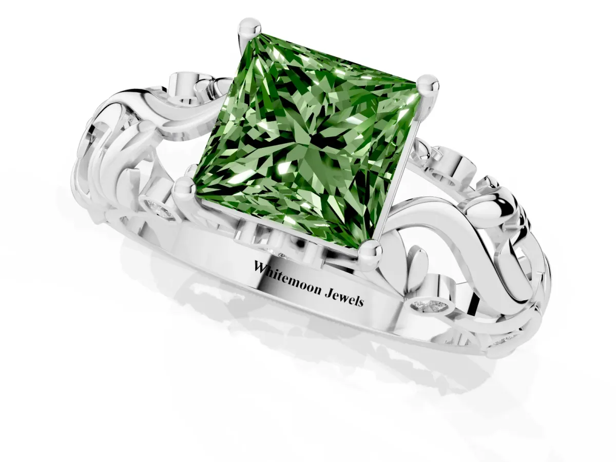 Fancy Green Princess Cut Solitaire Diamond Leaf-Inspired Vine Band Ring with Prong Setting Silver