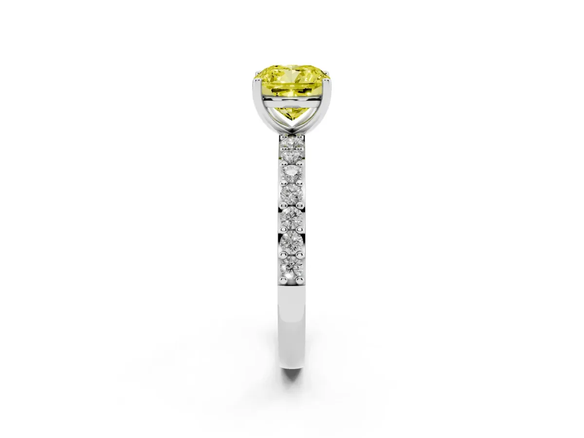 Fancy Yellow Cushion Cut Cut Diamond Solitaire with Pave Band and Four-Prong Setting Silver