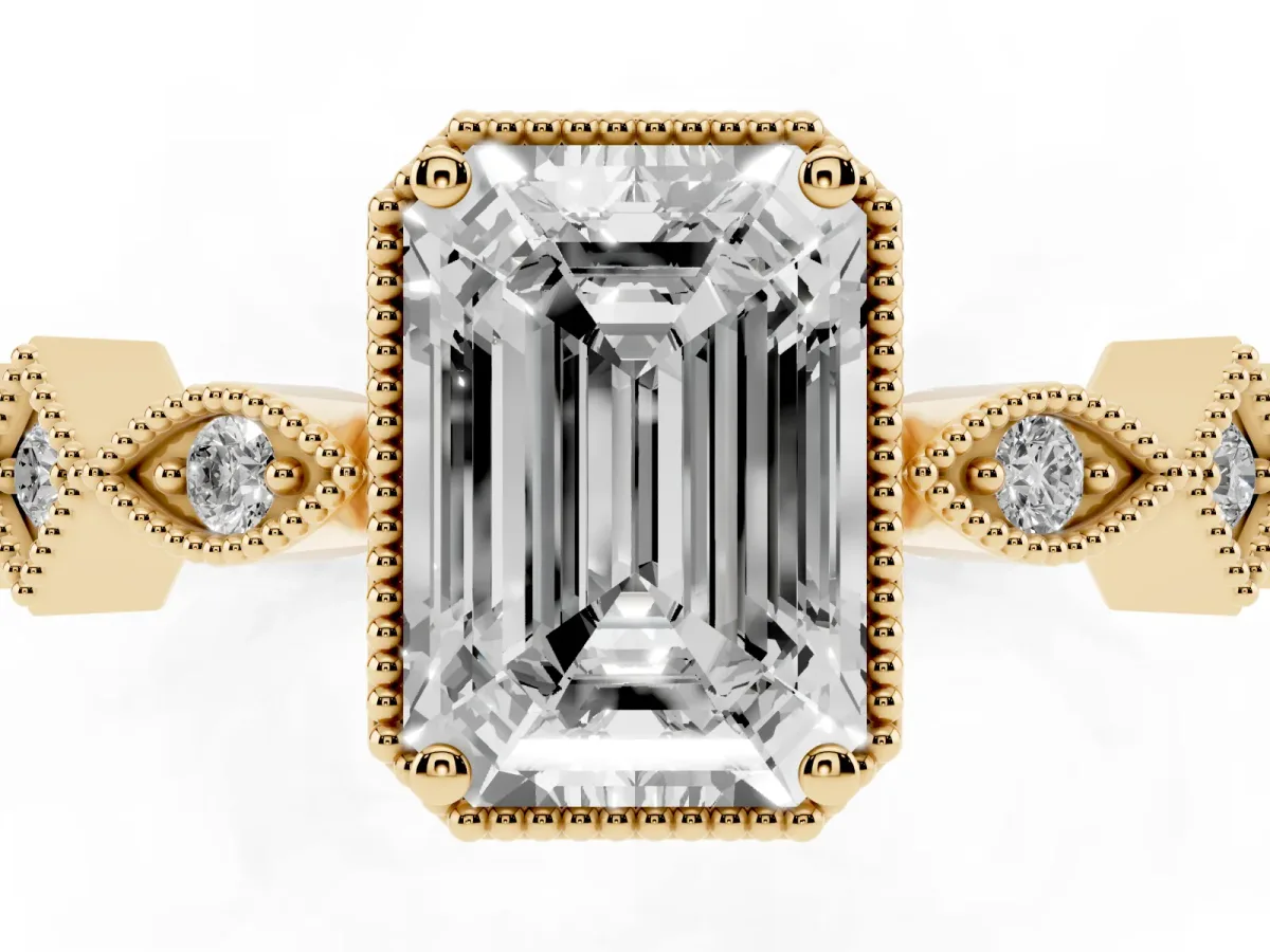 Emerald Cut Milgrain Marquise Diamond Twist Band Ring Yellow gold