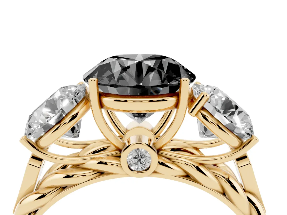 Fancy Black Three-Stone Round Cut Diamond Braided Band Ring with Four-Prong Setting Yellow gold
