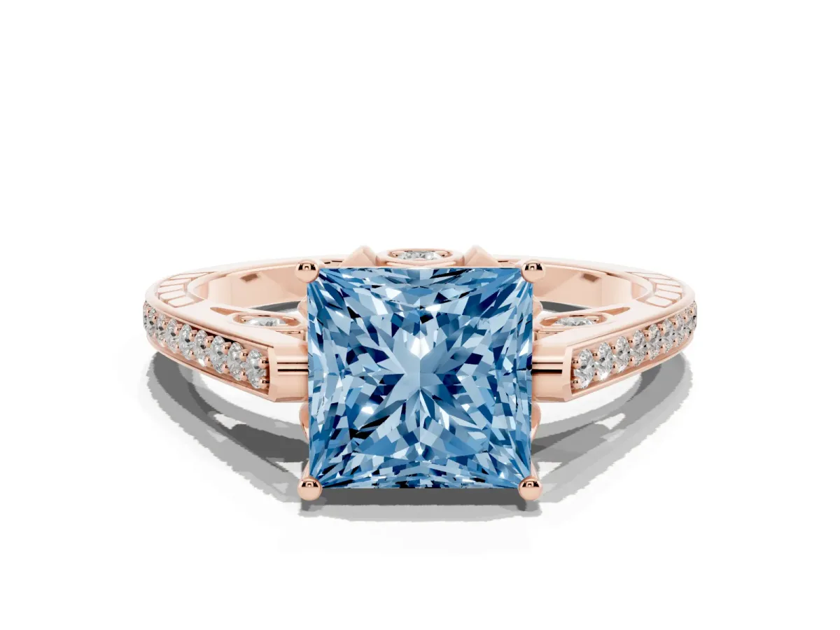 Fancy Blue Princess Cut Cut Cathedral Pave Diamond Engagement Ring with Six-Prong Setting Rose gold