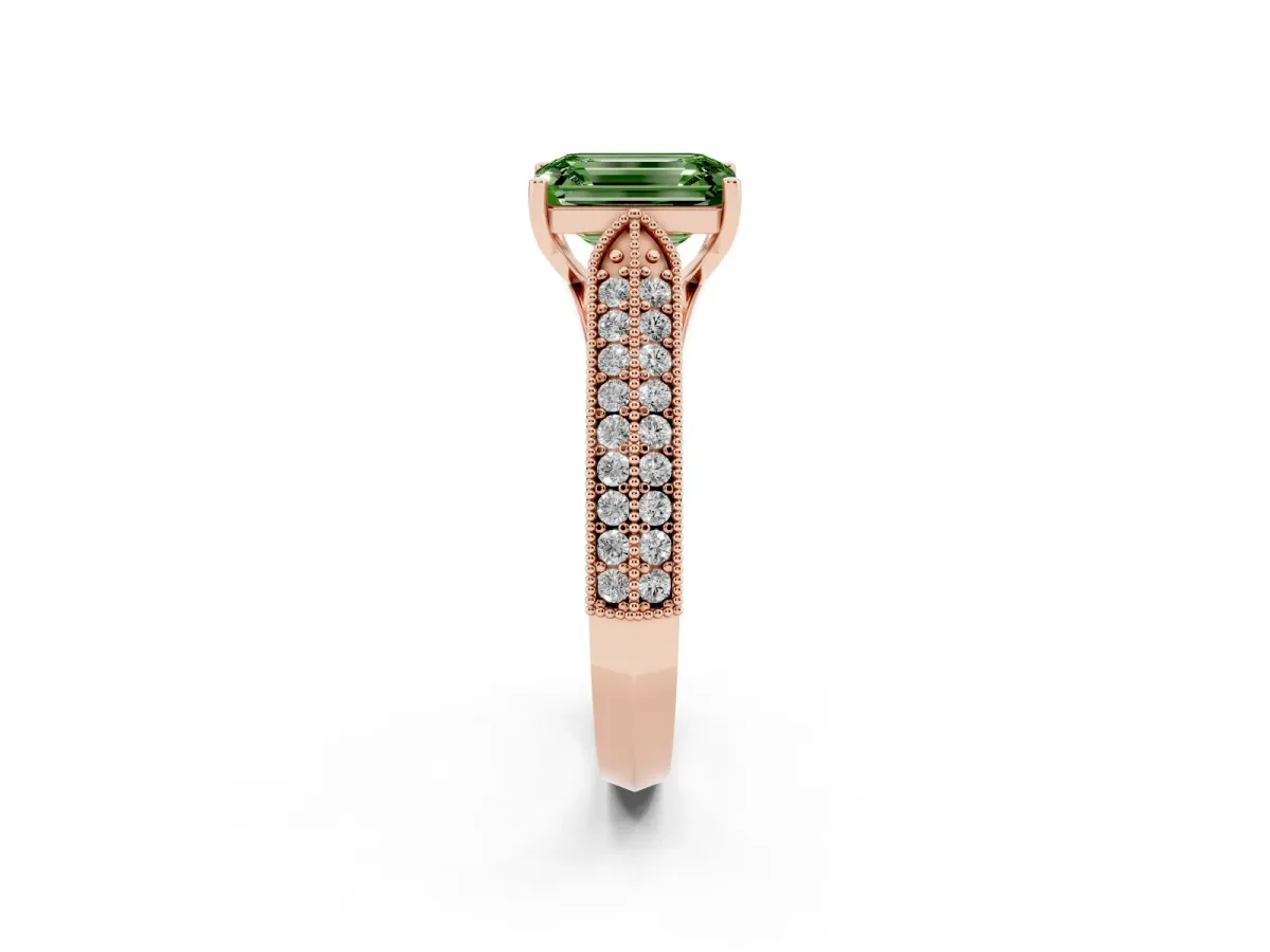 Fancy Green Emerald Cut Cut Pave Split Shank Engagement Ring with Four-Prong Setting Rose gold
