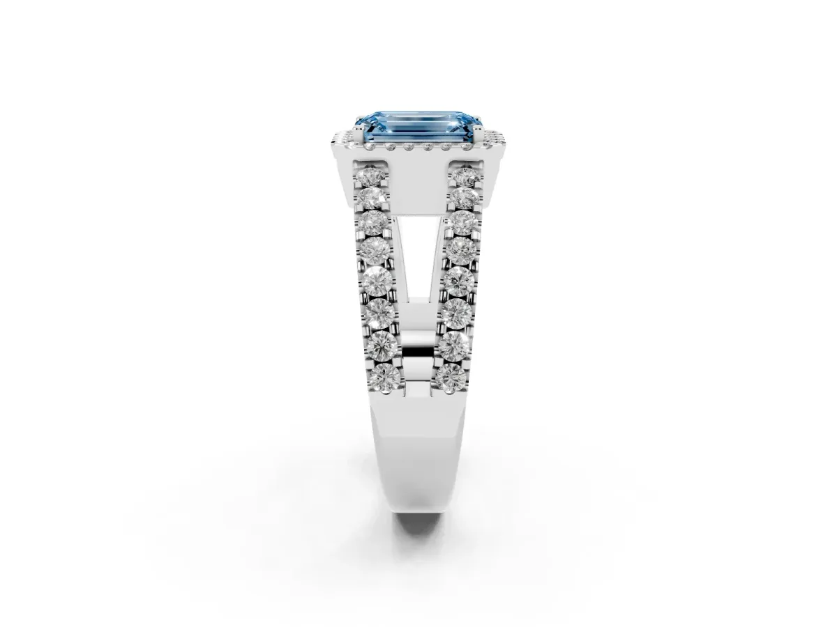 Fancy Blue Emerald Cut Cut Halo Split Shank Diamond Ring with Four-Prong Setting Silver