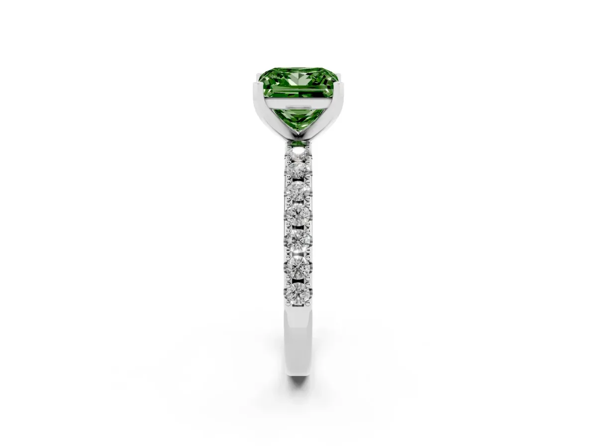 Fancy Green Princess Cut Diamond Solitaire Pavé Band with Four-Prong Setting White gold