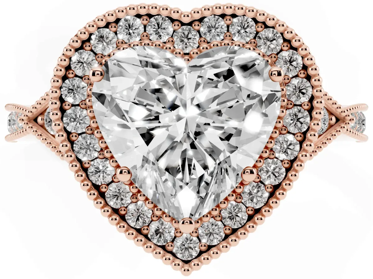 Heart Cut Halo Round Diamond Milgrain Pave Engagement Ring Rose gold