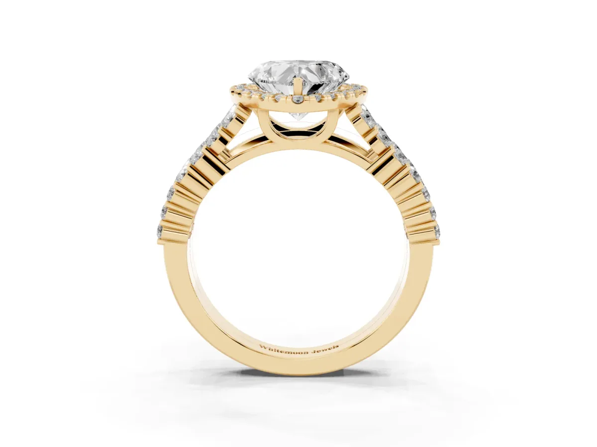 Heart Cut Diamond Halo Engagement Ring with Triple Row Round Pavé Band and Prong Setting Yellow gold
