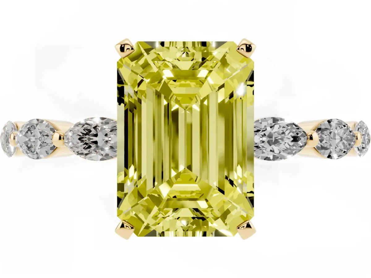 Fancy Yellow Emerald Cut Diamond Ring with Marquise Side Stones and Prong Setting Yellow gold