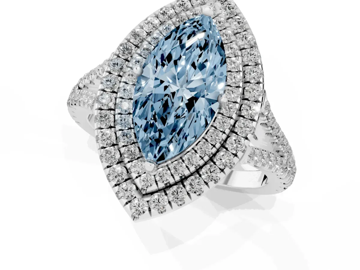 Fancy Blue Marquise Cut Diamond Double Halo Ring with Pavé Band and Prong Setting Silver