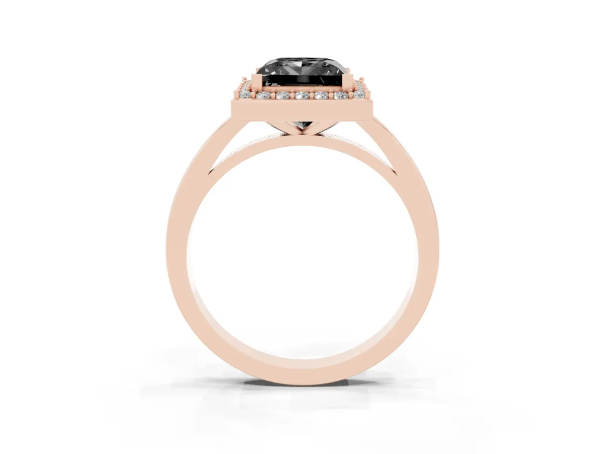 Fancy Black Princess Cut Halo Diamond Ring with Solitaire Band and Prong Setting Rose gold