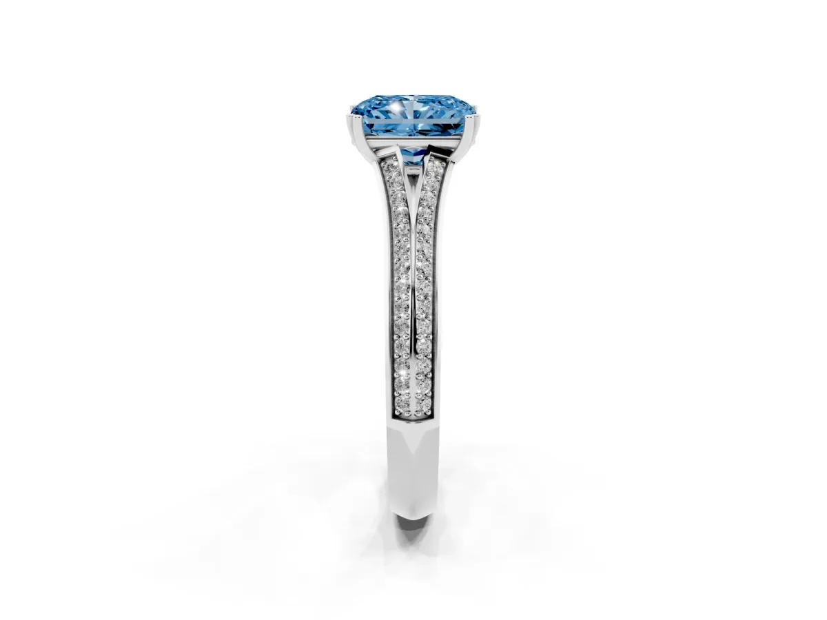 Fancy Blue Radiant Cut Diamond Split Shank Engagement Ring with Pavé Band Silver