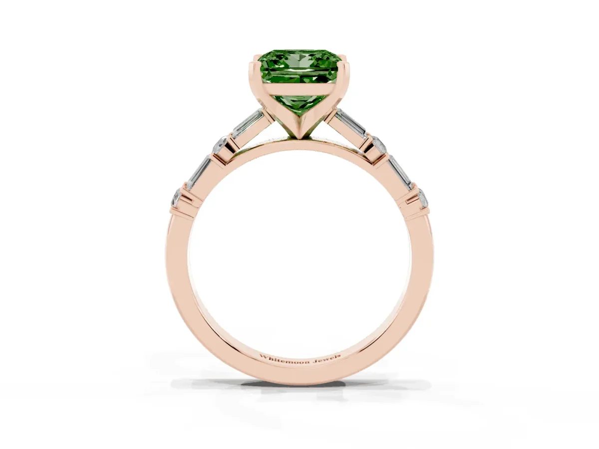 Fancy Green Princess Cut Diamond Solitaire with Side Baguettes and Channel Set Band Rose gold