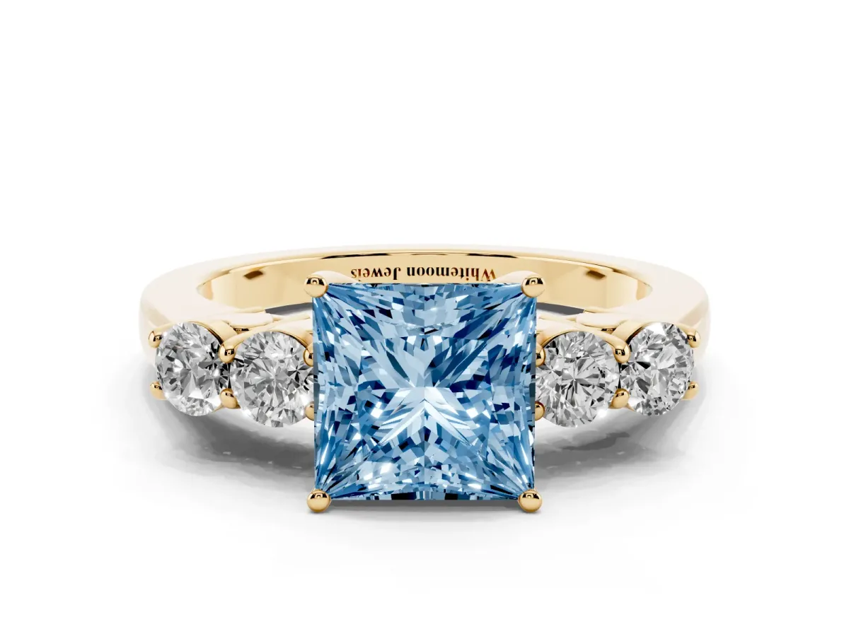 Fancy Blue Princess Cut Cut Diamond Five-Stone Prong Set White Gold Ring Yellow gold