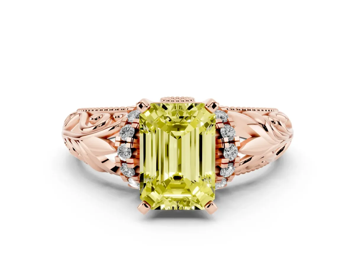 Fancy Yellow Emerald Cut Solitaire Filigree Engagement Ring with Halo and Prong Setting Rose gold