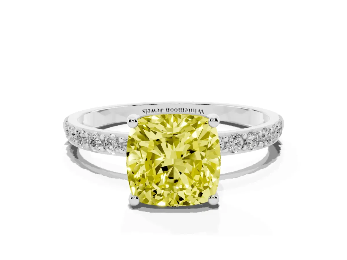 Fancy Yellow Cushion Cut Diamond Solitaire Ring with Round Pavé Shoulders and Prong Setting Silver