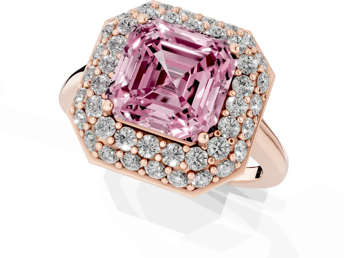 Fancy Pink Asscher Cut Halo Diamond Engagement Ring with Solitaire Band and Four-Prong Setting Rose gold