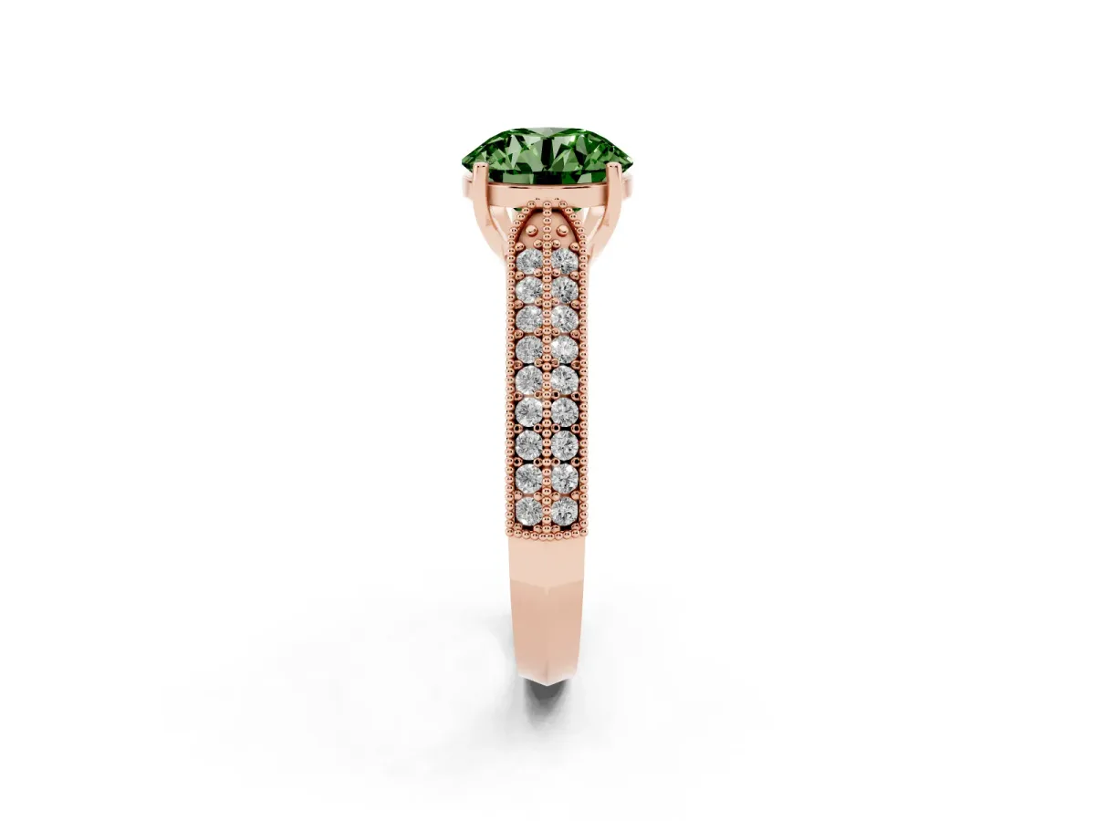 Fancy Green Round Cut Cut Pave Split Shank Engagement Ring with Four-Prong Setting Rose gold