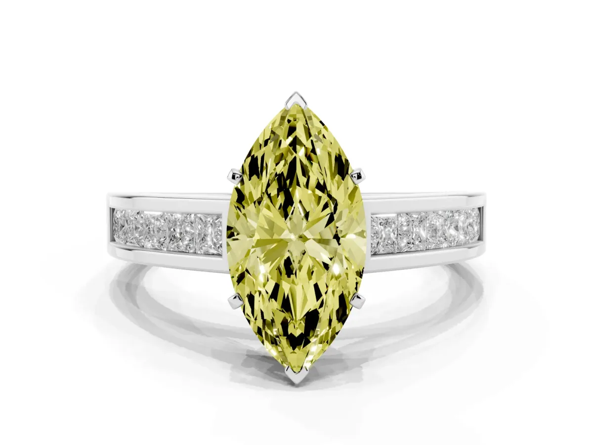 Fancy Yellow Marquise Cut Solitaire Diamond Ring with Channel-Set Band and Four-Prong Setting Silver