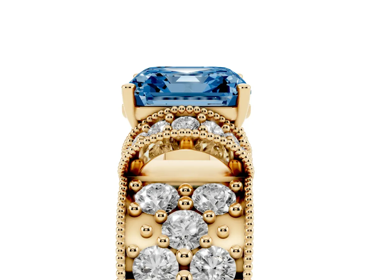 Fancy Blue Asscher Cut Halo Pave Diamond Engagement Ring with Milgrain Detailing Yellow gold
