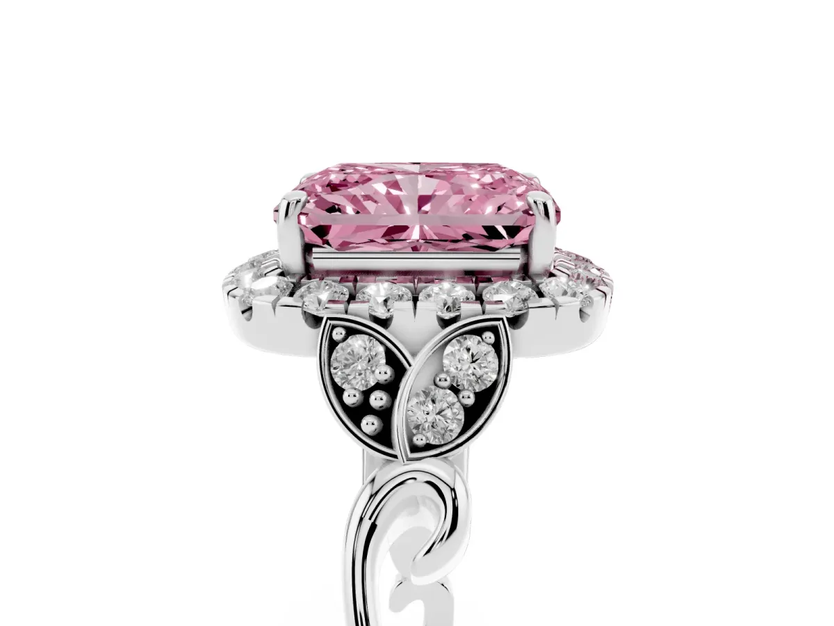 Fancy Pink Radiant Cut Halo Diamond Engagement Ring with Vintage-Inspired Band and Four-Prong Setting Platinum