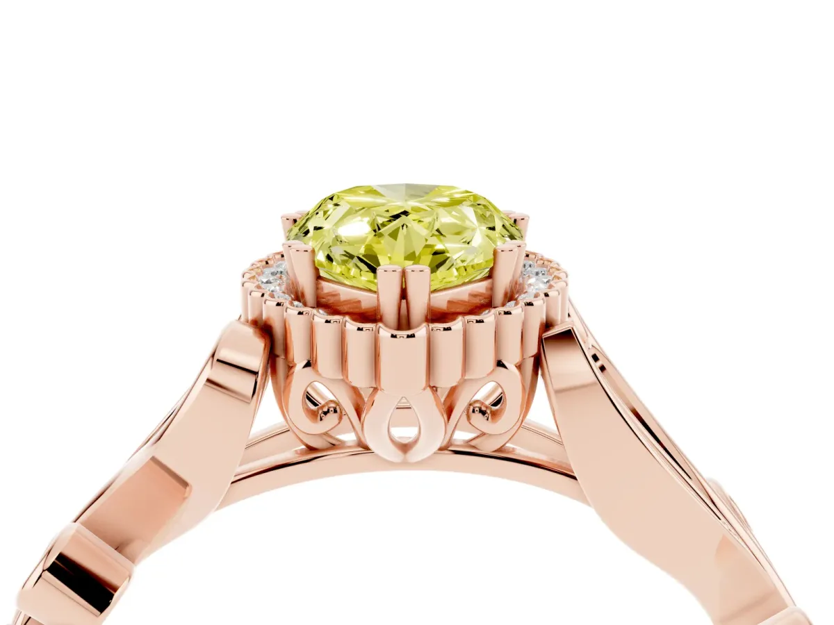 Fancy Yellow Pear Cut Diamond Halo Ring with Vintage Split Shank and Four-Prong Setting Rose gold