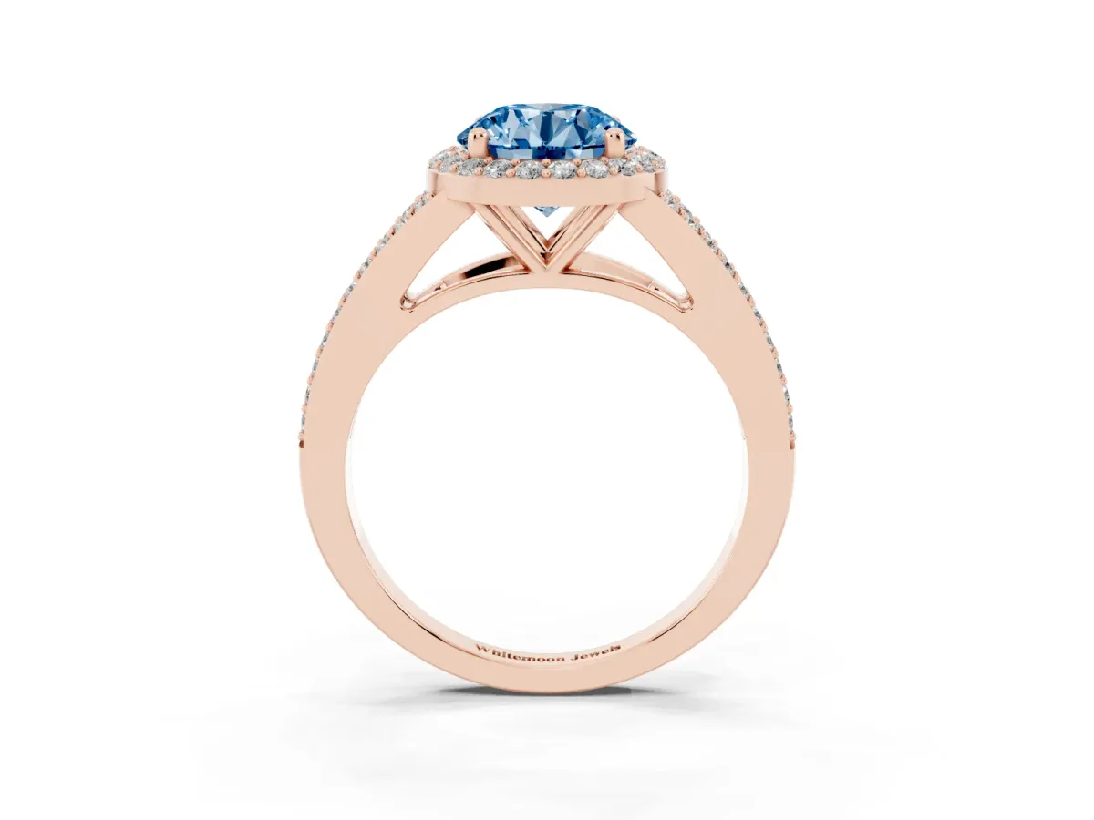 Fancy Blue Round Cut Halo Split Shank Pave Diamond Ring with Four-Prong Setting Rose gold