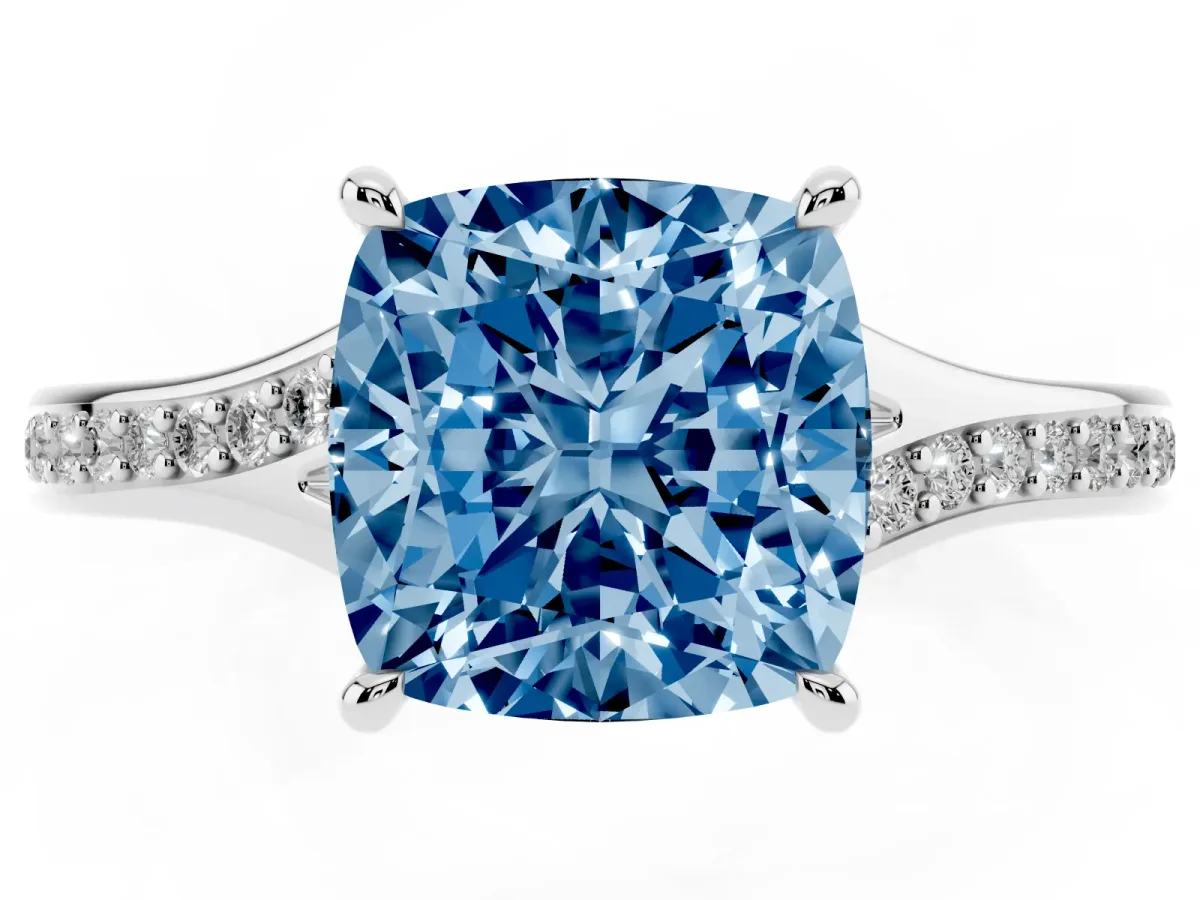 Fancy Blue Cushion Cut Diamond Solitaire Ring with Pavé Band and Prong Setting Silver