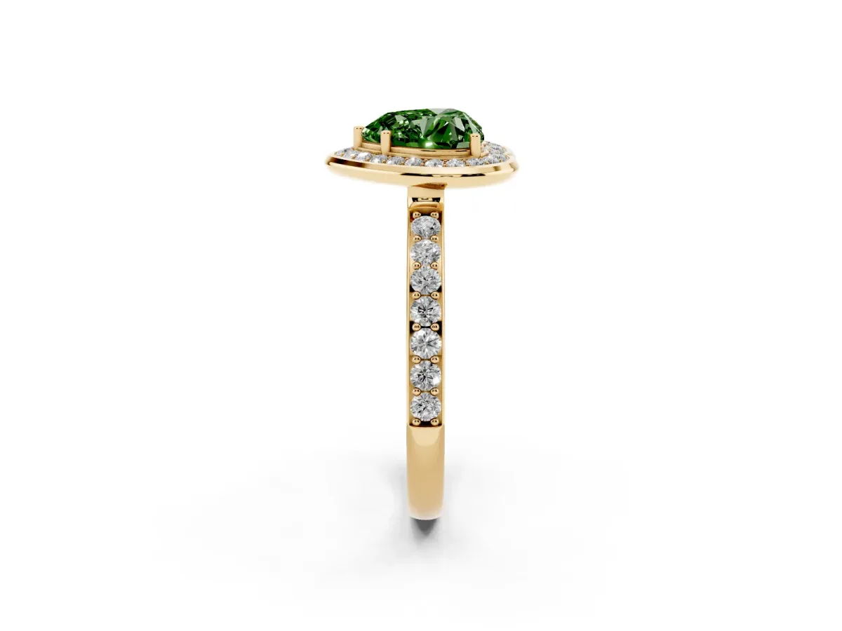 Fancy Green Heart Cut Diamond Halo Ring with Bezel Frame and Pavé Band Yellow gold