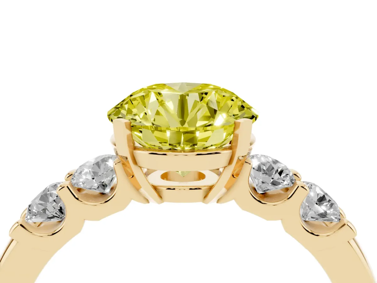 Fancy Yellow Round Cut Brilliant Cut Diamond Five-Stone Prong Set Engagement Ring with Channel Band Yellow gold