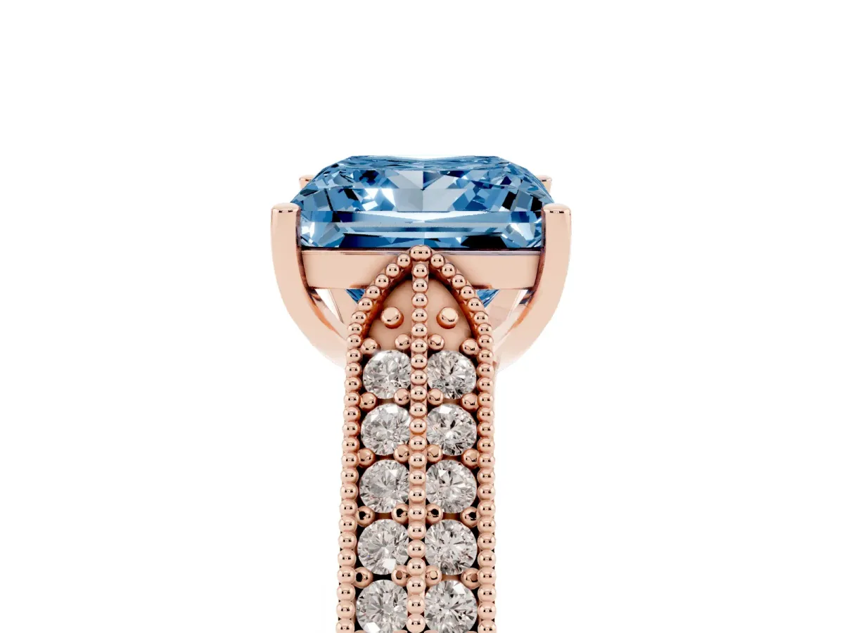 Fancy Blue Princess Cut Cut Pave Split Shank Engagement Ring with Four-Prong Setting Rose gold