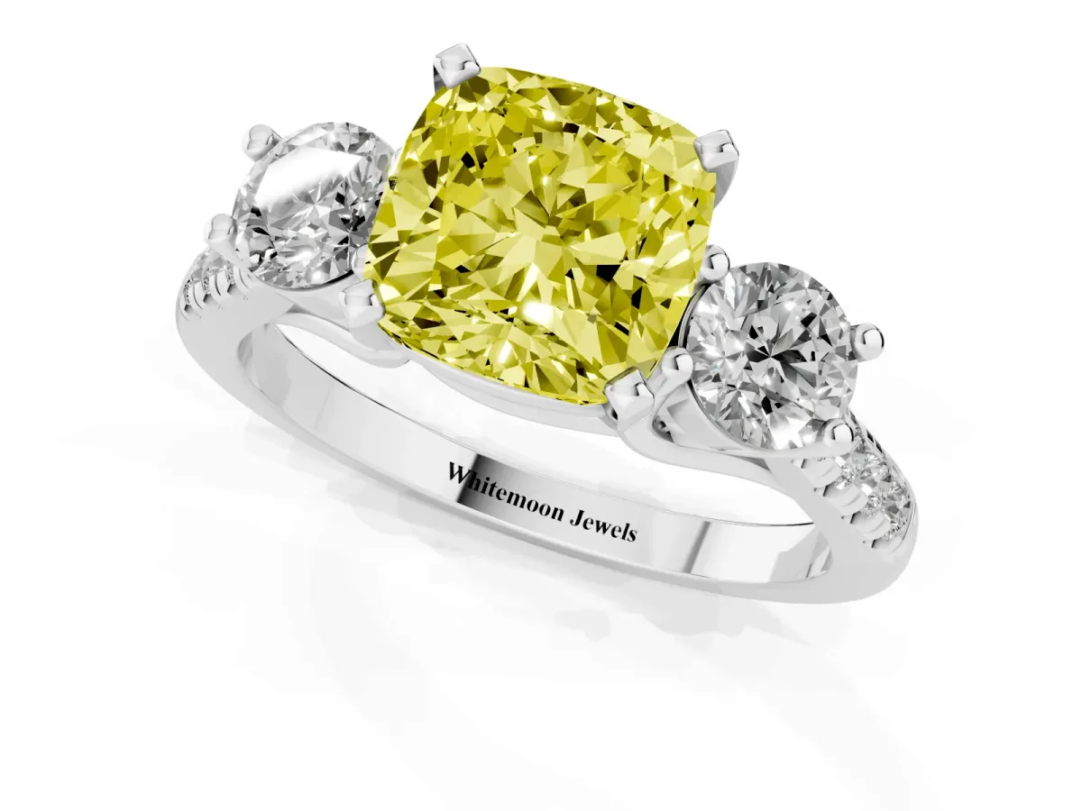 Fancy Yellow Three-Stone Cushion Cut Diamond Pavé Band with Four-Prong Setting Silver