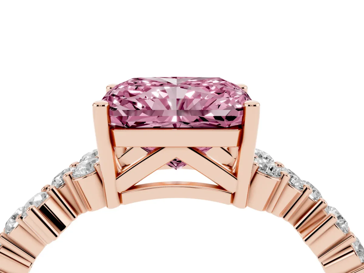 Fancy Pink Radiant Cut Diamond Scattered Round Accent Ring with Prong Setting Rose gold