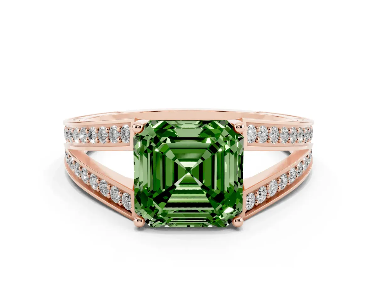 Fancy Green Asscher Cut Diamond Split Shank Ring with Pavé Band and Four-Prong Setting Rose gold