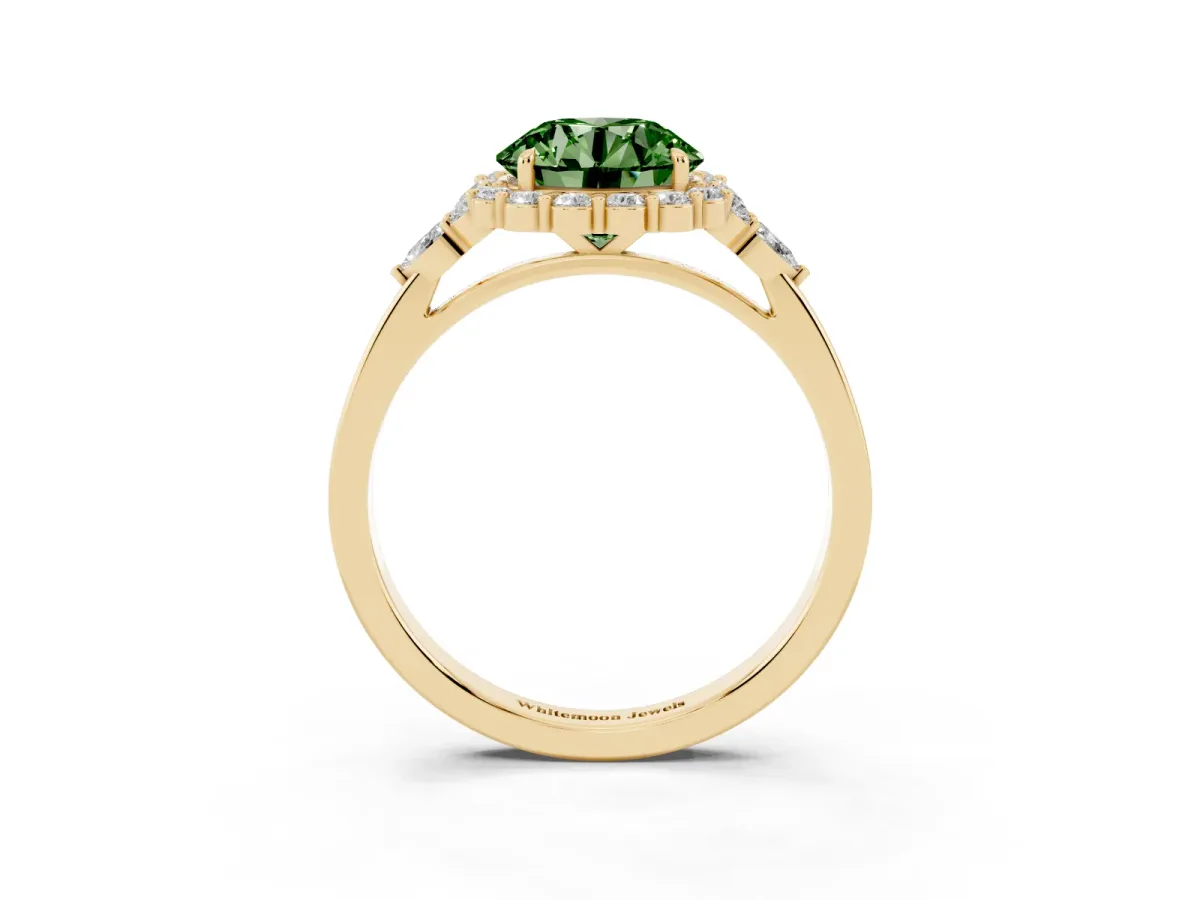 Fancy Green Round Cut Diamond Halo Ring with Pear Side Stones and Prong Setting Yellow gold