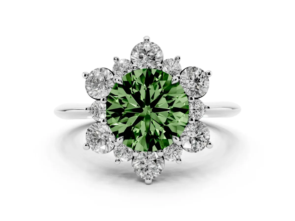 Fancy Green Round Cut Diamond Cluster Halo Ring with Solitaire Band and Four-Prong Setting Platinum