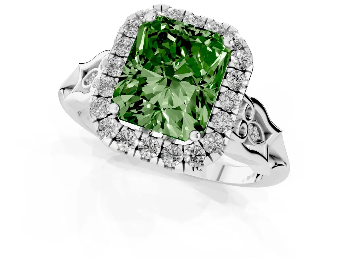 Fancy Green Radiant Cut Halo Diamond Engagement Ring with Filigree Band and Four-Prong Setting Platinum