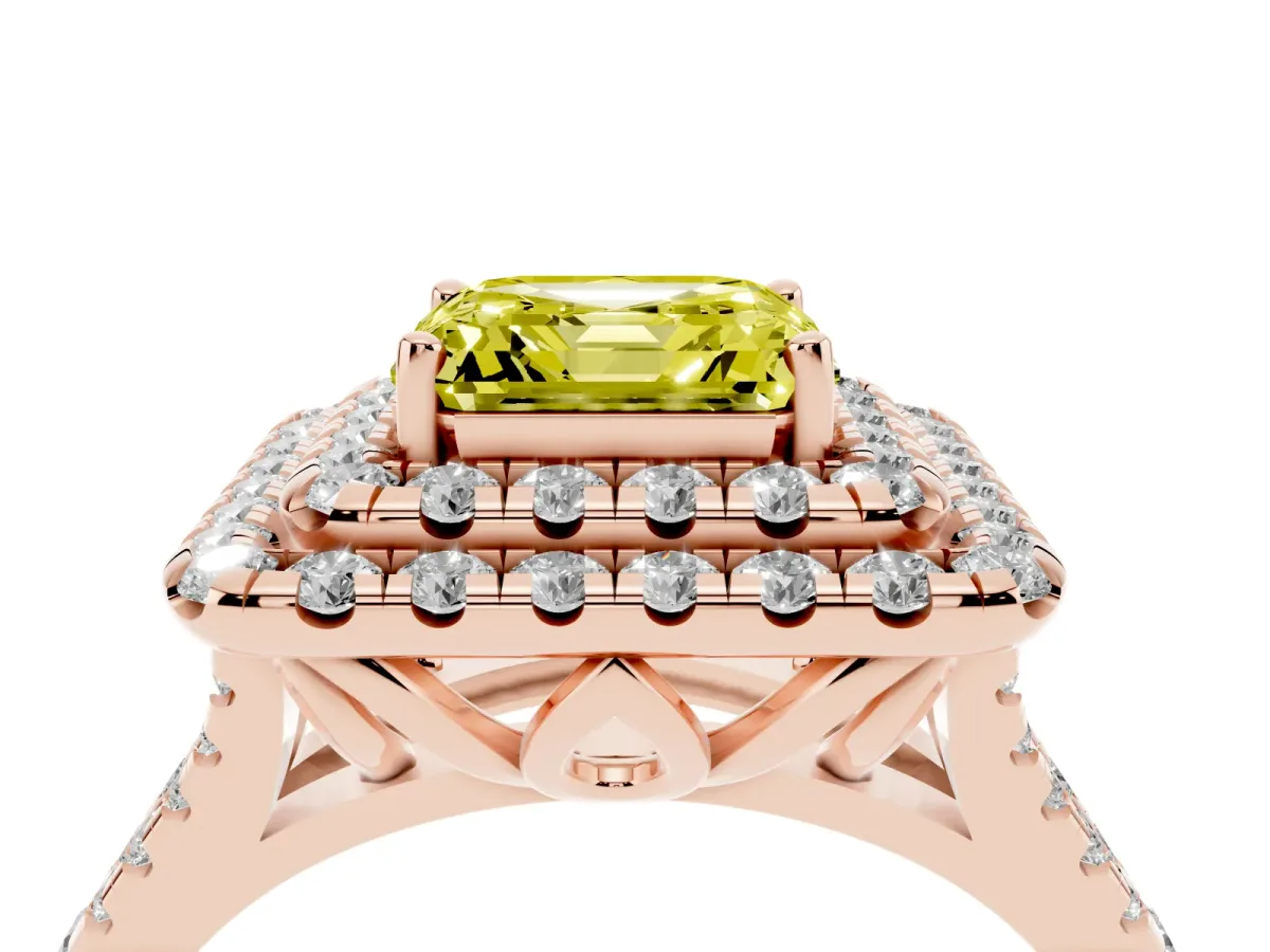 Fancy Yellow Double Halo Asscher Cut Diamond Pavé Split Shank Ring with Prong Setting Rose gold
