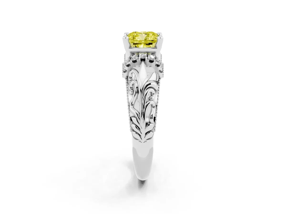Fancy Yellow Cushion Cut Solitaire Filigree Engagement Ring with Halo and Prong Setting Silver