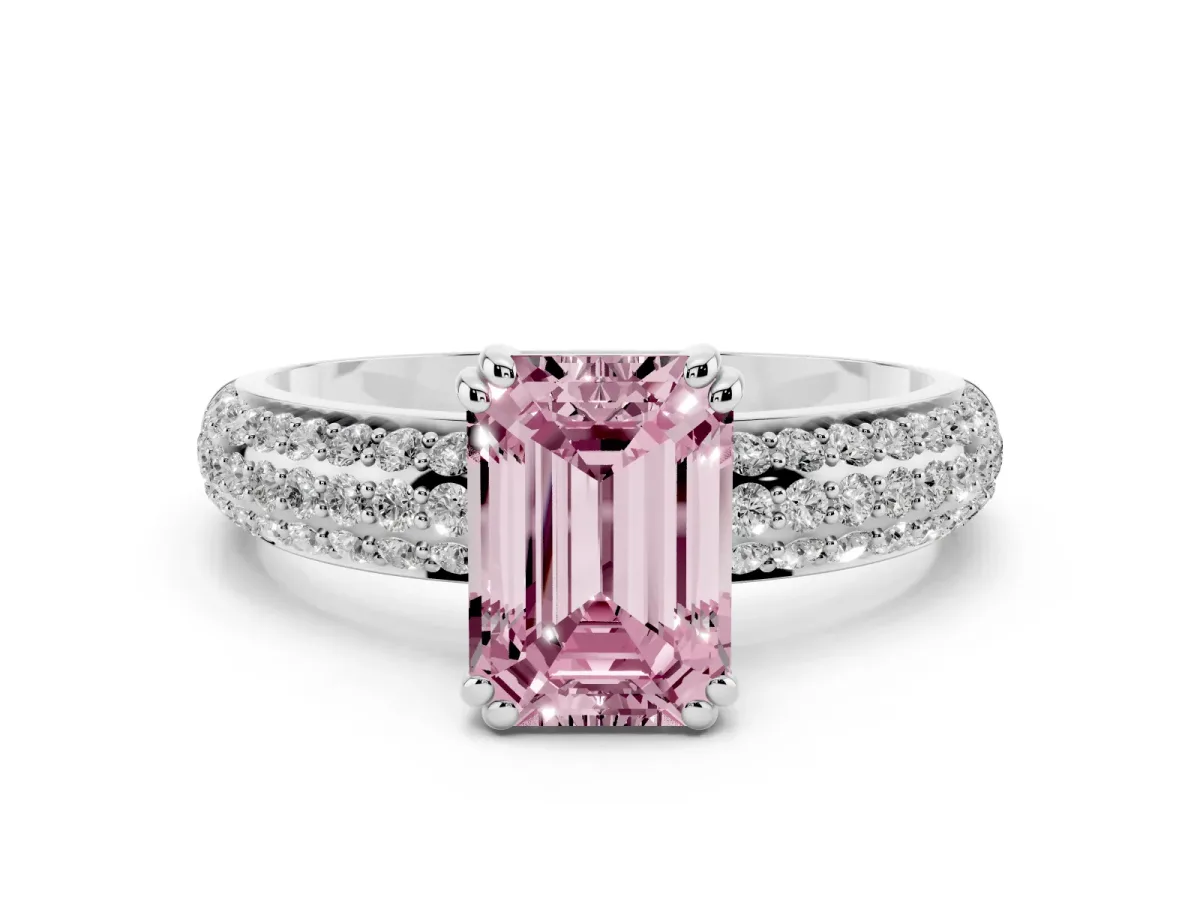 Fancy Pink Emerald Cut Diamond Solitaire Ring with Multi-Row Round Pavé Band and Prong Setting Silver