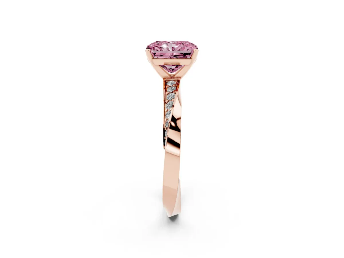 Fancy Pink Radiant Cut Diamond Engagement Ring with Side Stone Accents and Four-Prong Setting Rose gold