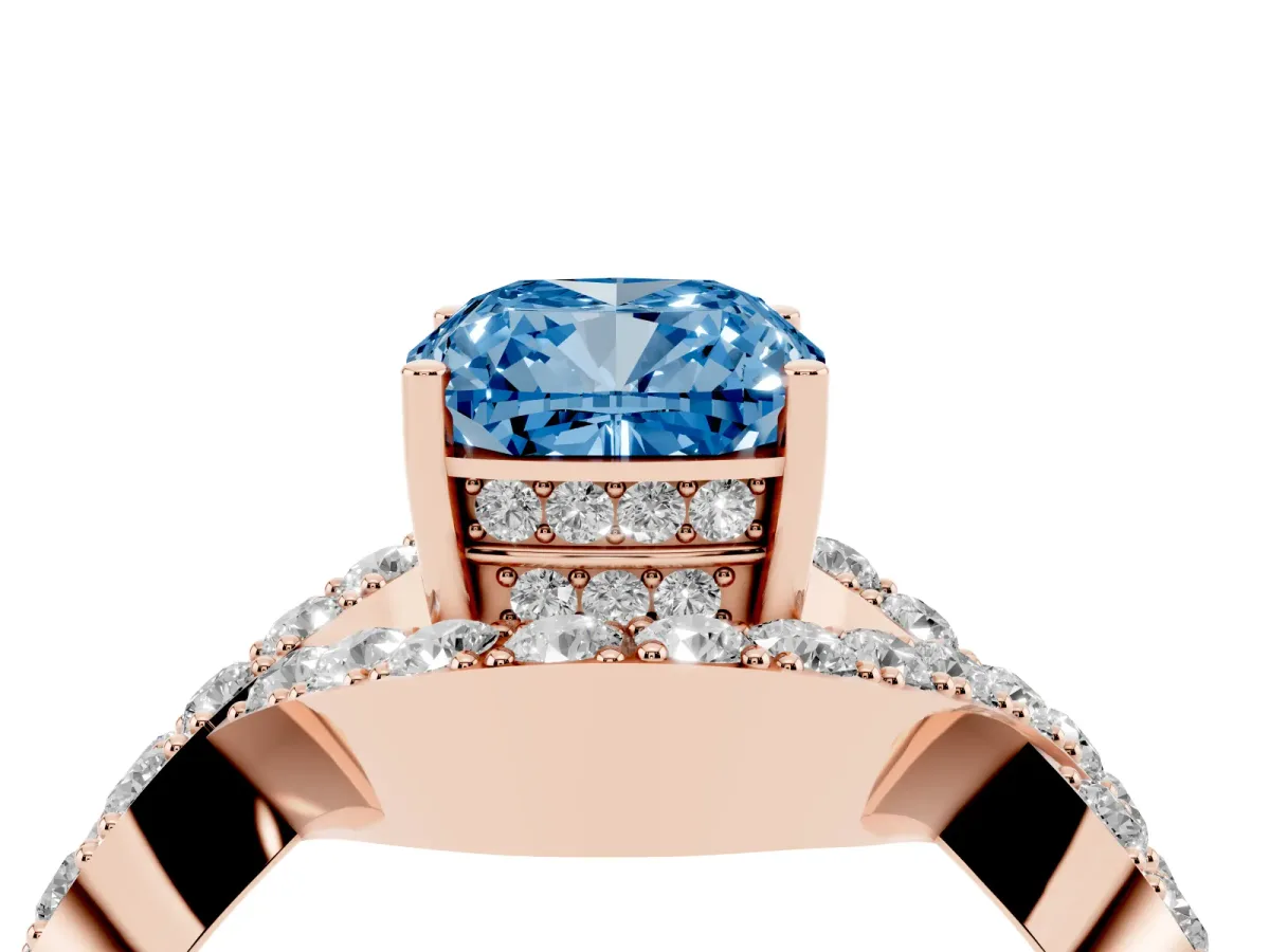 Fancy Blue Cushion Cut Solitaire Twist Band Pavé Diamond Engagement Ring Rose gold