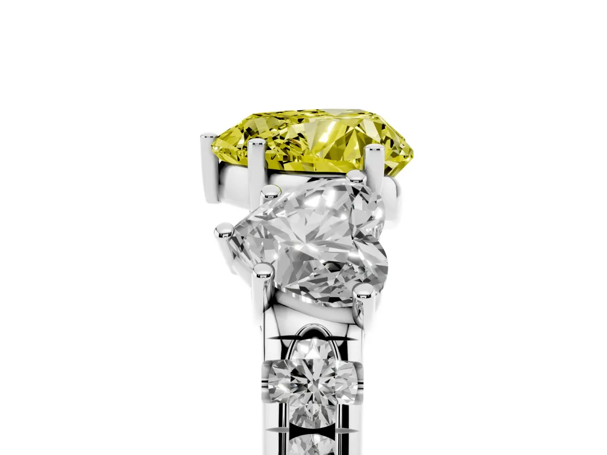 Fancy Yellow Three-Stone Heart Cut Diamond Pavé Band with Prong Setting Silver